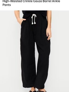 Black, High-Waisted Black Crinkle Gauze Barrel Ankle Pants